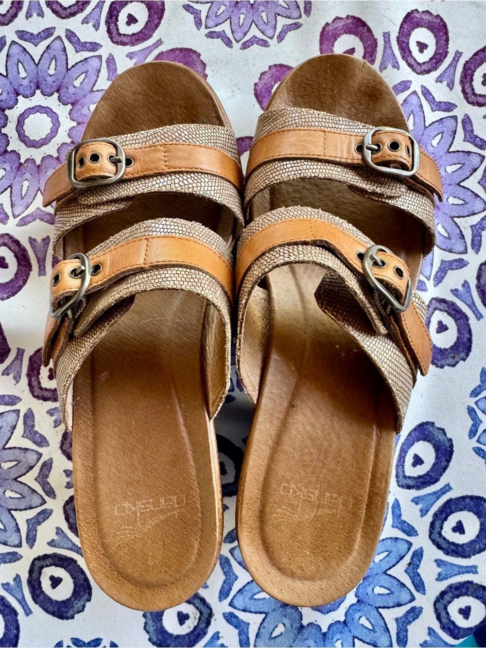 Dansko Jessie Tan Double-Strap Slide Sandals with Buckle Detail